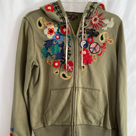 Lucky Brand Jackets & Blazers - SOLD Lucky Brand Embroidered Khaki Green Zip Front Hoodie Sweatshirt NWOT